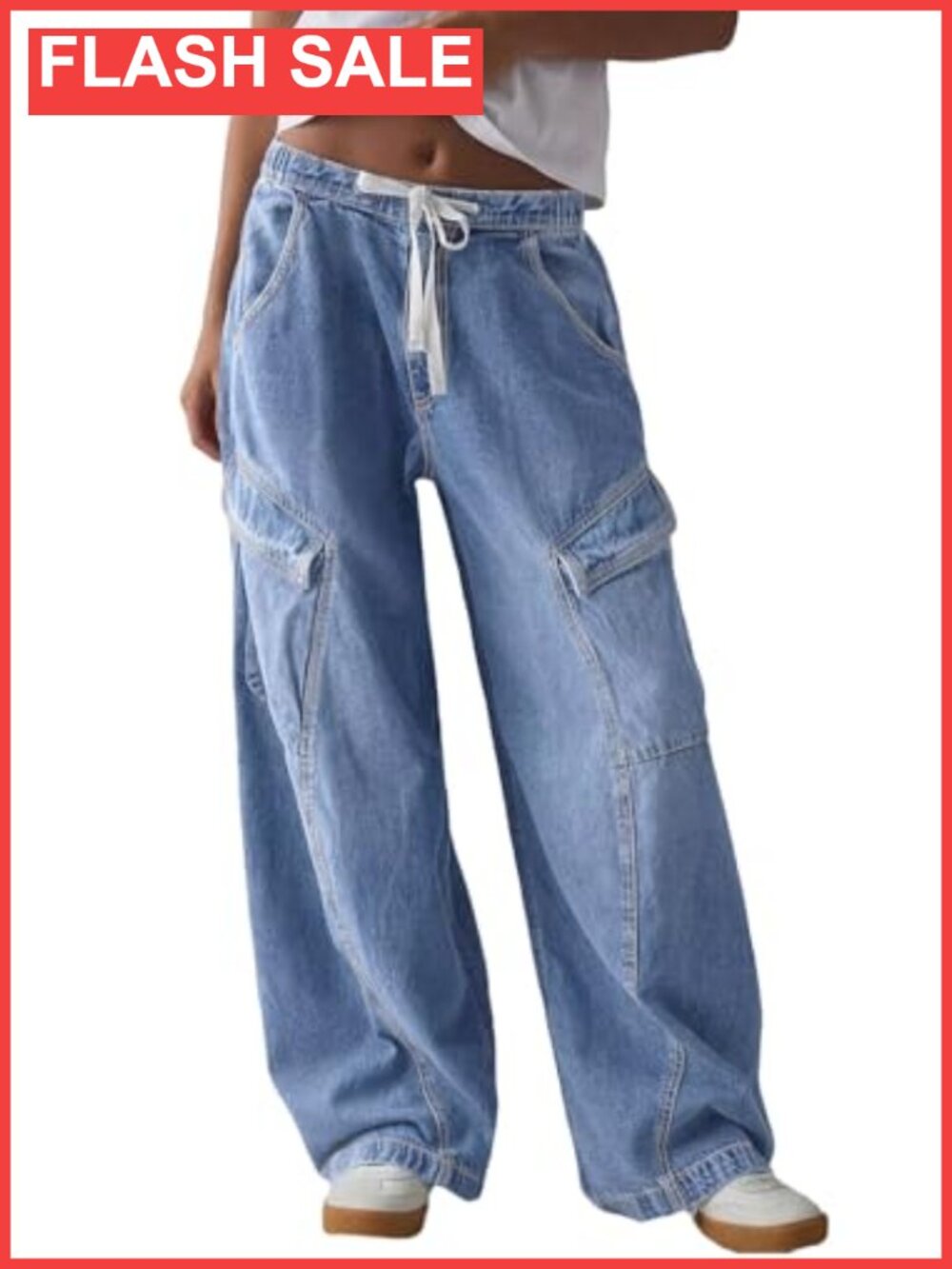 Womens Boyfriend Jeans Stretchy Denim Wide Leg Drawstring Cargo Pockets Baggy